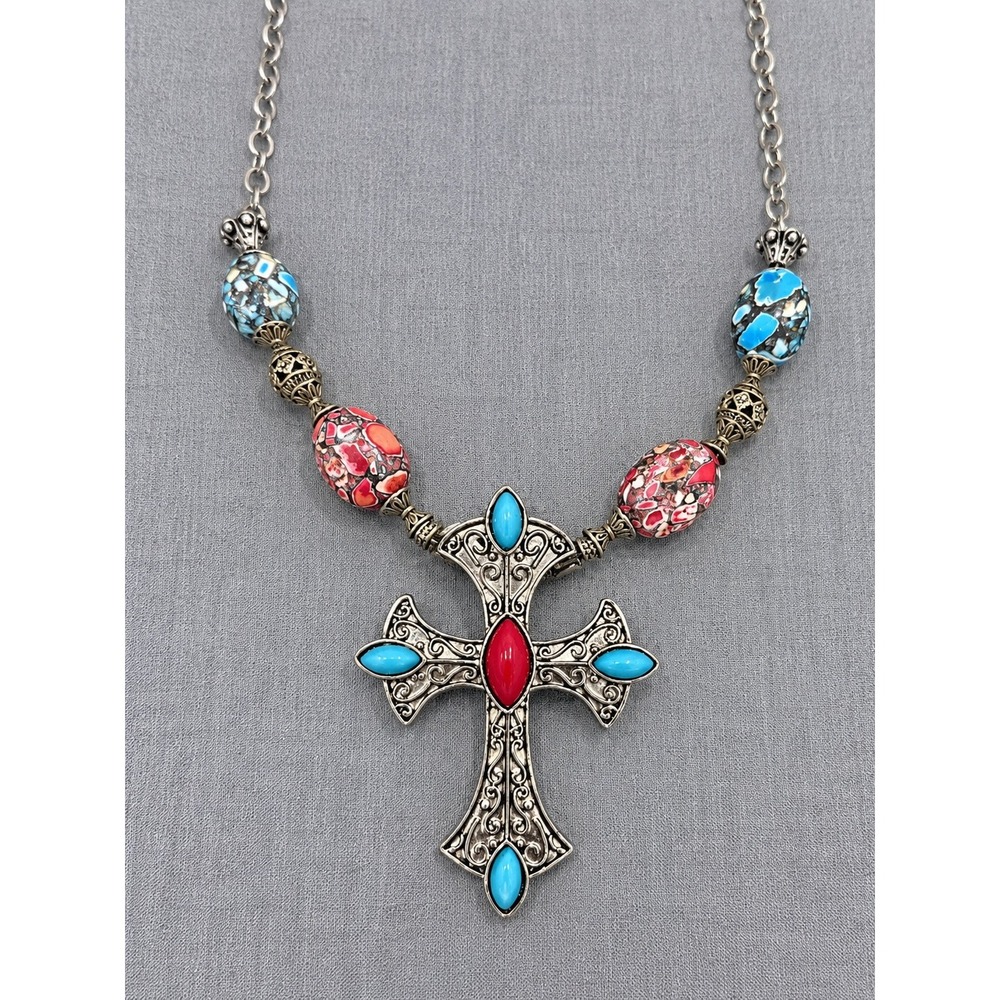 Silver Tone Filigree Cross Necklace Turquoise Red Marbled Beads Southwestern